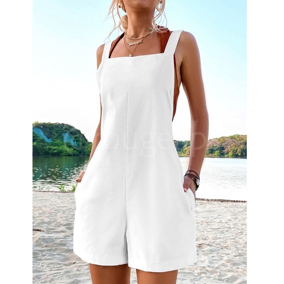 White Short Overalls with Side Pockets - Picture 3 of 8